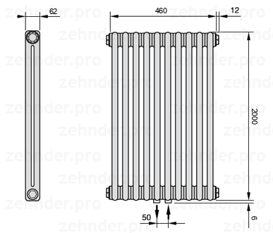 Схема (чертеж) Радиатор Zehnder Charleston 2200/10 №5410 Белый глянцевый RAL 9016